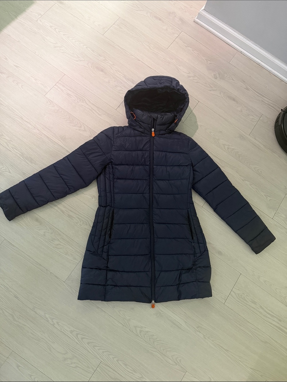 SAVE THE DUCK Navy Quilted Hooded Long Puffer Coat